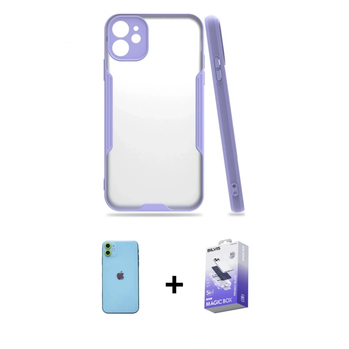 MARSİLYAN™- iPhone 11 Kılıf Atlas Asil Serisi - Siyah Bilvis 5in1 5D Magic Hayalet Cam Ekran Koruyucu + Neon Fosforlu Kamera Lens - YL