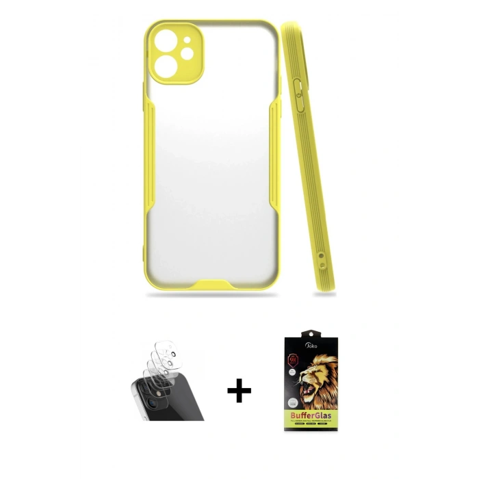 MARSİLYAN™- iPhone 11 Kılıf Atlas Asil Serisi - Siyah Buffer Cam Ekran Koruyucu + Kamera Lens Koruma Cam - SF