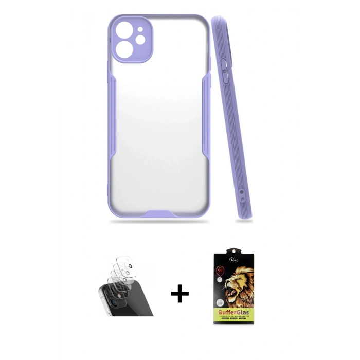 MARSİLYAN™- iPhone 11 Kılıf Atlas Asil Serisi - Siyah Buffer Cam Ekran Koruyucu + Kamera Lens Koruma Cam - SF