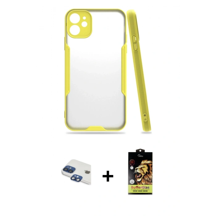 MARSİLYAN™- iPhone 11 Kılıf Atlas Asil Serisi - Siyah Buffer Cam Ekran Koruyucu + Lacivert Pers Alüminyum Kamera Lens