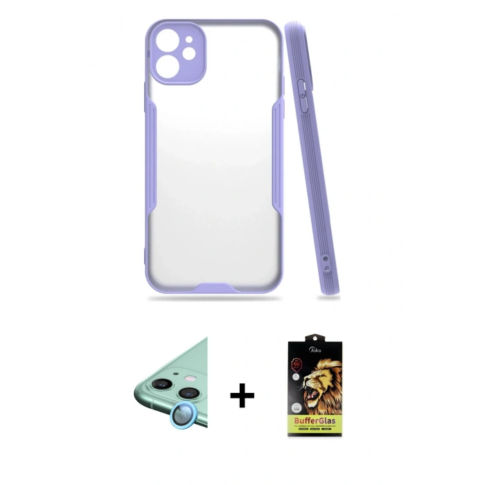 MARSİLYAN™- iPhone 11 Kılıf Atlas Asil Serisi - Siyah Buffer Cam Ekran Koruyucu + Raze Metal Kamera Lens - MI
