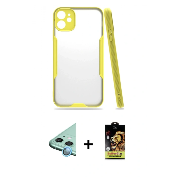 MARSİLYAN™- iPhone 11 Kılıf Atlas Asil Serisi - Siyah Buffer Cam Ekran Koruyucu + Raze Metal Kamera Lens - MI