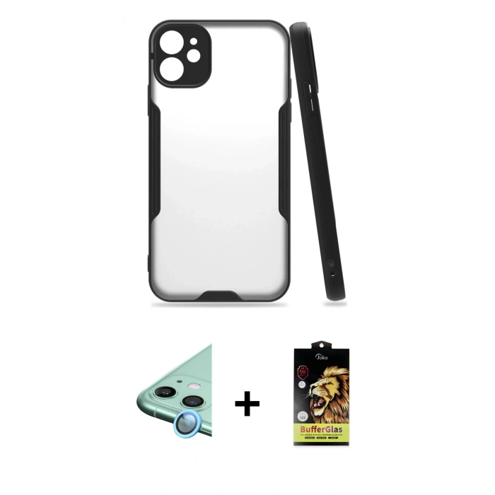 MARSİLYAN™- iPhone 11 Kılıf Atlas Asil Serisi - Siyah Buffer Cam Ekran Koruyucu + Raze Metal Kamera Lens - MI