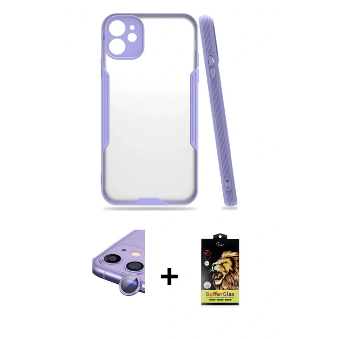 MARSİLYAN™- iPhone 11 Kılıf Atlas Asil Serisi - Siyah Buffer Cam Ekran Koruyucu + Raze Metal Kamera Lens - MR