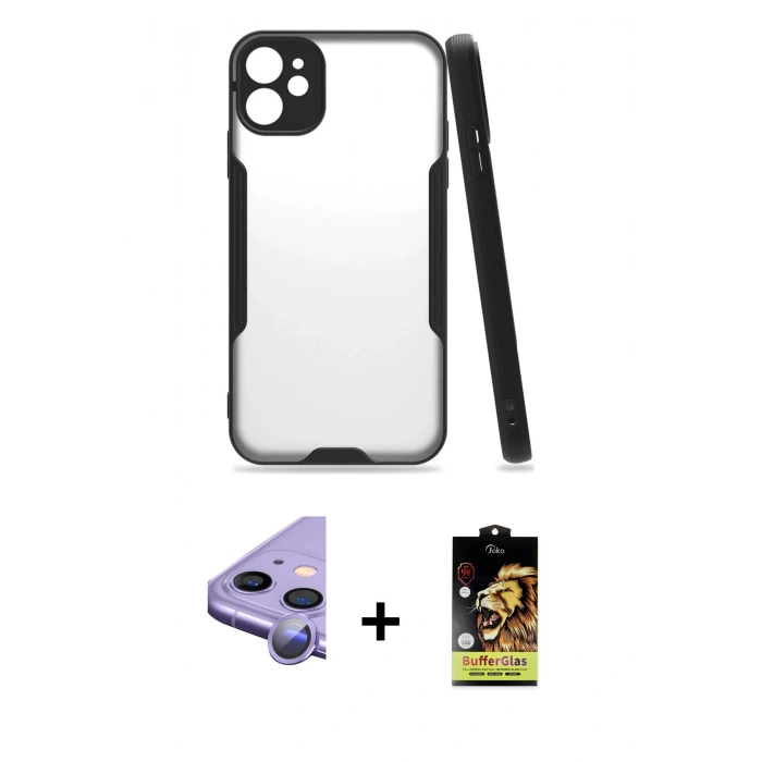 MARSİLYAN™- iPhone 11 Kılıf Atlas Asil Serisi - Siyah Buffer Cam Ekran Koruyucu + Raze Metal Kamera Lens - MR