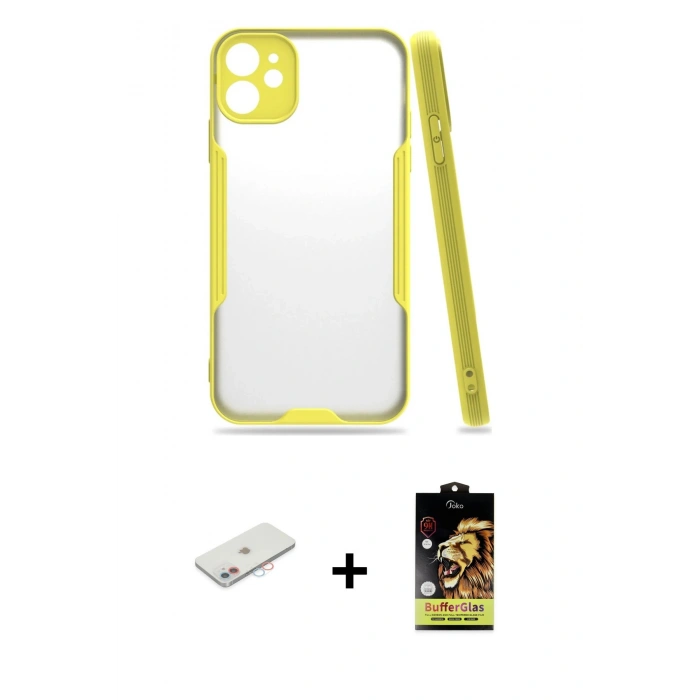 MARSİLYAN™- iPhone 11 Kılıf Atlas Asil Serisi - Siyah Buffer Cam Ekran Koruyucu + Renkli Kamera Lens Koruma Cam - PE