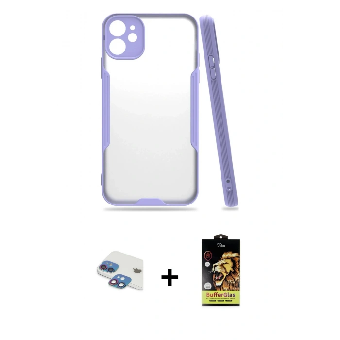 MARSİLYAN™- iPhone 11 Kılıf Atlas Asil Serisi - Siyah Buffer Cam Ekran Koruyucu + Pers Alüminyum Kamera Lens - GI