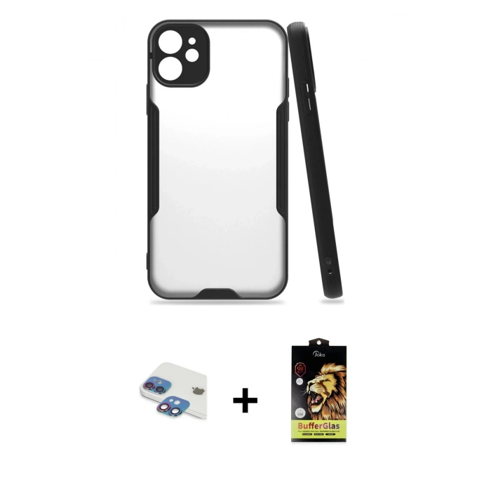 MARSİLYAN™- iPhone 11 Kılıf Atlas Asil Serisi - Siyah Buffer Cam Ekran Koruyucu + Pers Alüminyum Kamera Lens - GI
