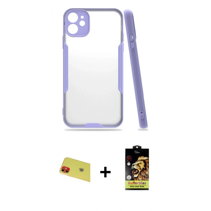 MARSİLYAN™- iPhone 11 Kılıf Atlas Asil Serisi - Siyah Buffer Cam Ekran Koruyucu + Rainbow Kamera Lens Koruma Cam - KI
