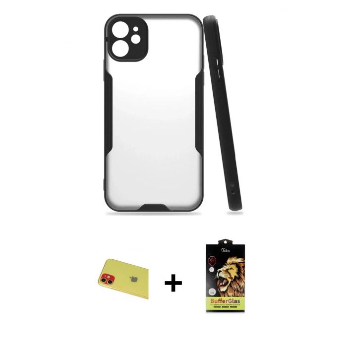 MARSİLYAN™- iPhone 11 Kılıf Atlas Asil Serisi - Siyah Buffer Cam Ekran Koruyucu + Rainbow Kamera Lens Koruma Cam - KI