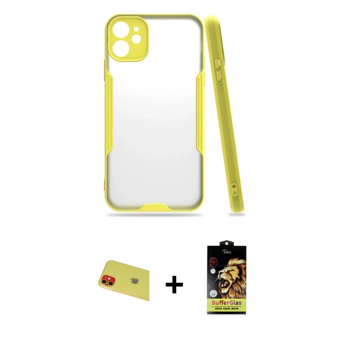 MARSİLYAN™- iPhone 11 Kılıf Atlas Asil Serisi - Siyah Buffer Cam Ekran Koruyucu + Rainbow Kamera Lens Koruma Cam - KI