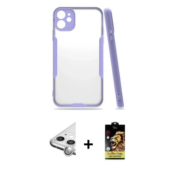 MARSİLYAN™- iPhone 11 Kılıf Atlas Asil Serisi - Siyah Buffer Cam Ekran Koruyucu + Raze Metal Kamera Lens - GS