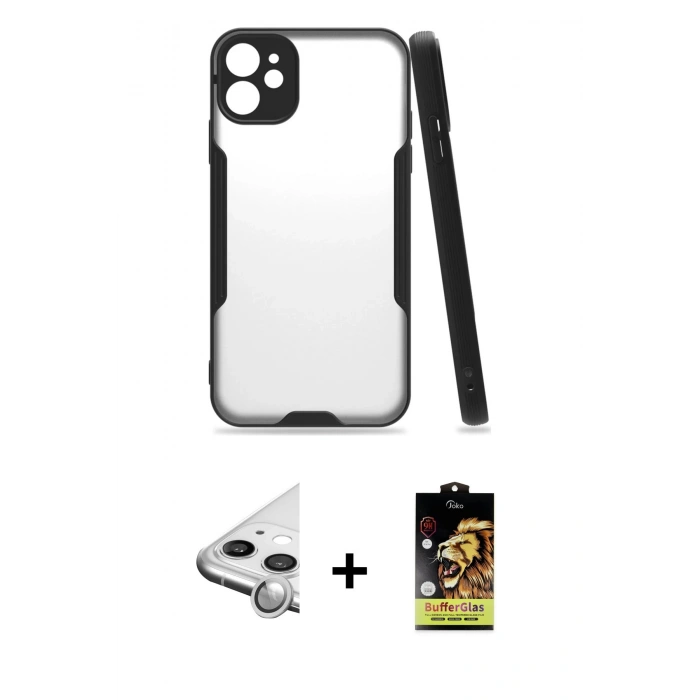 MARSİLYAN™- iPhone 11 Kılıf Atlas Asil Serisi - Siyah Buffer Cam Ekran Koruyucu + Raze Metal Kamera Lens - GS
