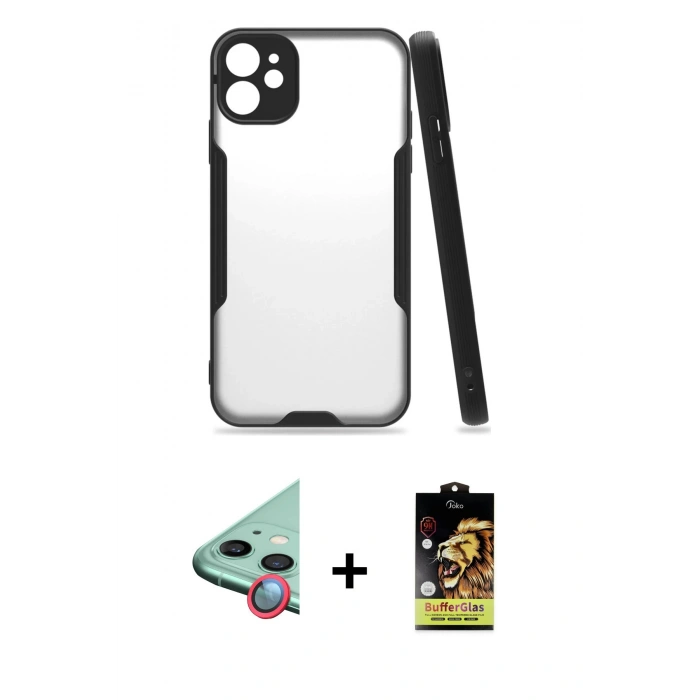 MARSİLYAN™- iPhone 11 Kılıf Atlas Asil Serisi - Siyah Buffer Cam Ekran Koruyucu + Raze Metal Kamera Lens - KI
