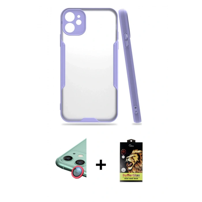 MARSİLYAN™- iPhone 11 Kılıf Atlas Asil Serisi - Siyah Buffer Cam Ekran Koruyucu + Raze Metal Kamera Lens - KI