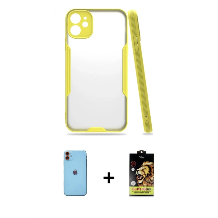 MARSİLYAN™- iPhone 11 Kılıf Atlas Asil Serisi - Siyah Buffer Cam Ekran Koruyucu + Neon Fosforlu Kamera Lens - TU