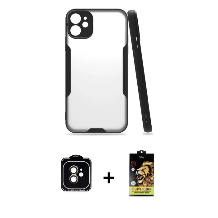 MARSİLYAN™- iPhone 11 Kılıf Atlas Asil Serisi - Siyah Buffer Cam Ekran Koruyucu + PVD Metal Kamera Lens - TU