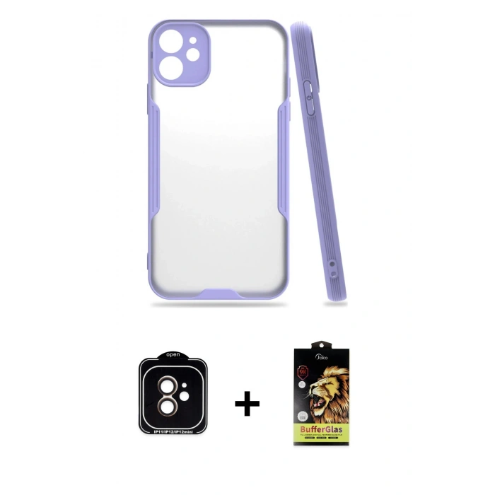 MARSİLYAN™- iPhone 11 Kılıf Atlas Asil Serisi - Siyah Buffer Cam Ekran Koruyucu + PVD Metal Kamera Lens - TU