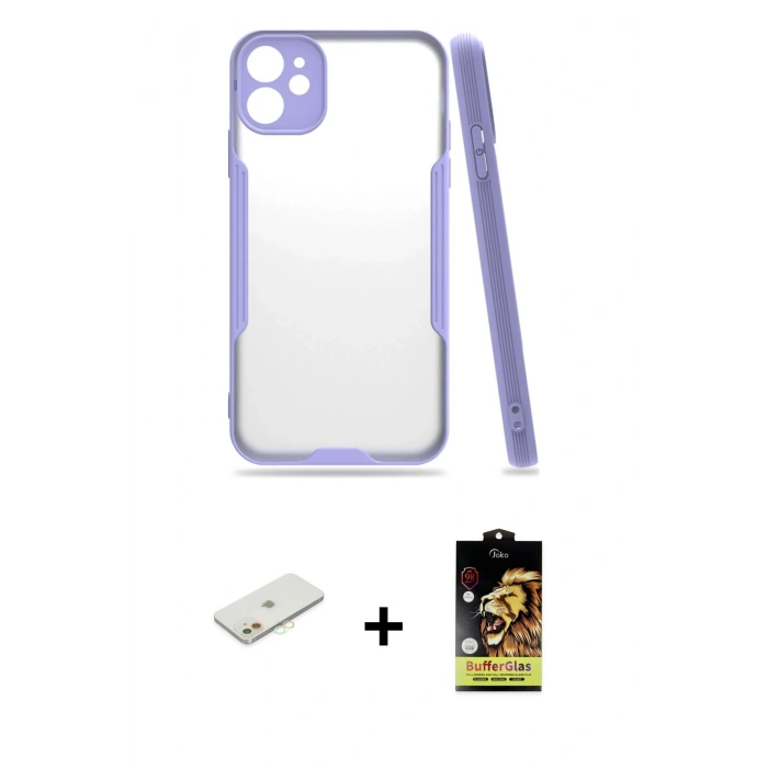 MARSİLYAN™- iPhone 11 Kılıf Atlas Asil Serisi - Siyah Buffer Cam Ekran Koruyucu + Turuncu Renkli Kamera Lens Koruma Cam