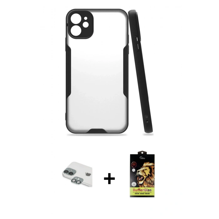 MARSİLYAN™- iPhone 11 Kılıf Atlas Asil Serisi - Siyah Buffer Cam Ekran Koruyucu + Pers Alüminyum Kamera Lens - YL