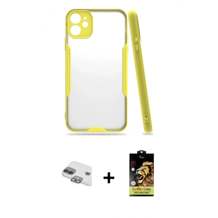 MARSİLYAN™- iPhone 11 Kılıf Atlas Asil Serisi - Siyah Buffer Cam Ekran Koruyucu + Pers Alüminyum Kamera Lens - YL