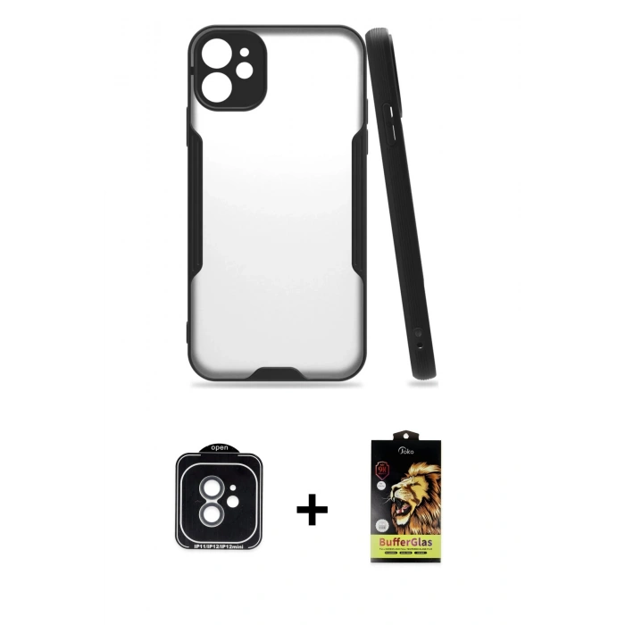 MARSİLYAN™- iPhone 11 Kılıf Atlas Asil Serisi - Siyah Buffer Cam Ekran Koruyucu + PVD Metal Kamera Lens - YL