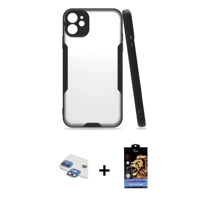 MARSİLYAN™- iPhone 11 Kılıf Atlas Asil Serisi - Siyah Buffer Hayalet Cam Ekran Koruyucu + Pers Alüminyum Kamera Lens - GI