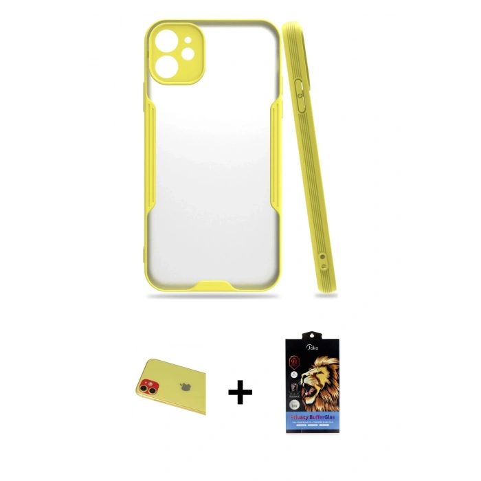 MARSİLYAN™- iPhone 11 Kılıf Atlas Asil Serisi - Siyah Buffer Hayalet Cam Ekran Koruyucu + Kırmızı Rainbow Kamera Lens Koruma Cam