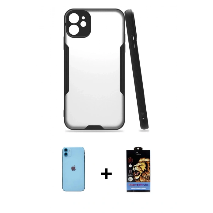 MARSİLYAN™- iPhone 11 Kılıf Atlas Asil Serisi - Siyah Buffer Hayalet Cam Ekran Koruyucu + Neon Fosforlu Kamera Lens - MI