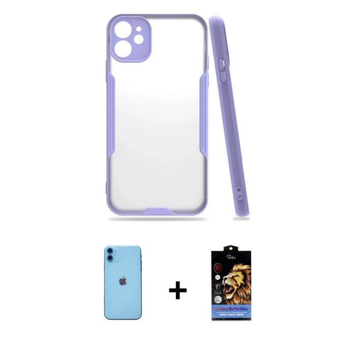 MARSİLYAN™- iPhone 11 Kılıf Atlas Asil Serisi - Siyah Buffer Hayalet Cam Ekran Koruyucu + Neon Fosforlu Kamera Lens - MI