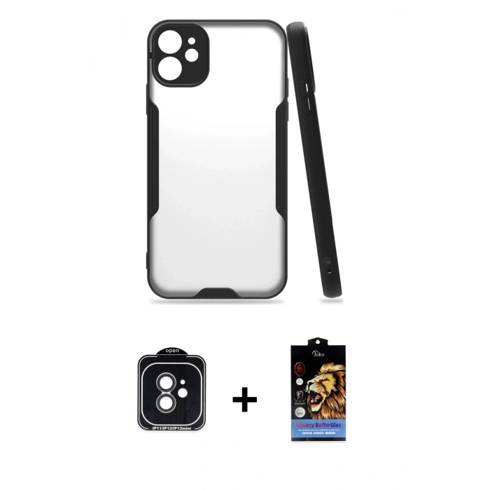 MARSİLYAN™- iPhone 11 Kılıf Atlas Asil Serisi - Siyah Buffer Hayalet Cam Ekran Koruyucu + PVD Metal Kamera Lens - SH