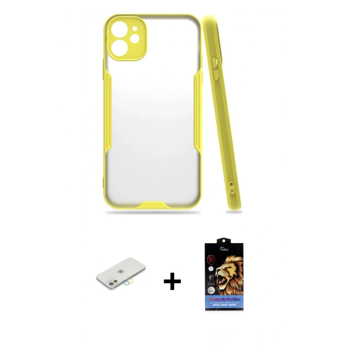 MARSİLYAN™- iPhone 11 Kılıf Atlas Asil Serisi - Siyah Buffer Hayalet Cam Ekran Koruyucu + Renkli Kamera Lens Koruma Cam - SI