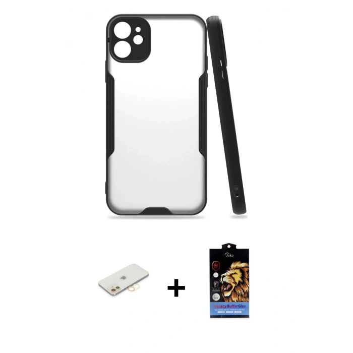 MARSİLYAN™- iPhone 11 Kılıf Atlas Asil Serisi - Siyah Buffer Hayalet Cam Ekran Koruyucu + Renkli Kamera Lens Koruma Cam - SI