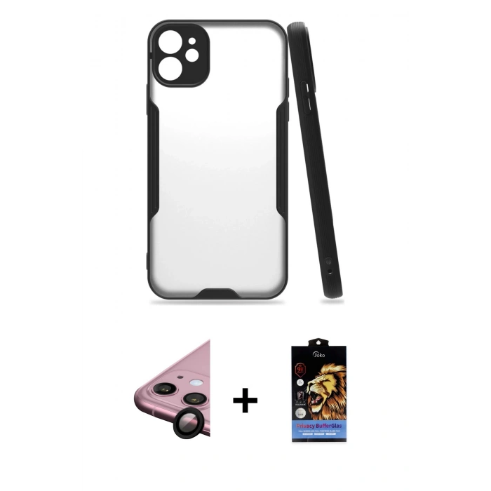 MARSİLYAN™- iPhone 11 Kılıf Atlas Asil Serisi - Siyah Buffer Hayalet Cam Ekran Koruyucu + Raze Metal Kamera Lens - SH