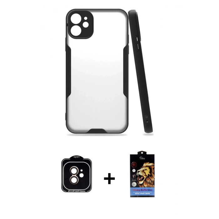 MARSİLYAN™- iPhone 11 Kılıf Atlas Asil Serisi - Siyah Buffer Hayalet Cam Ekran Koruyucu + Turuncu PVD Metal Kamera Lens