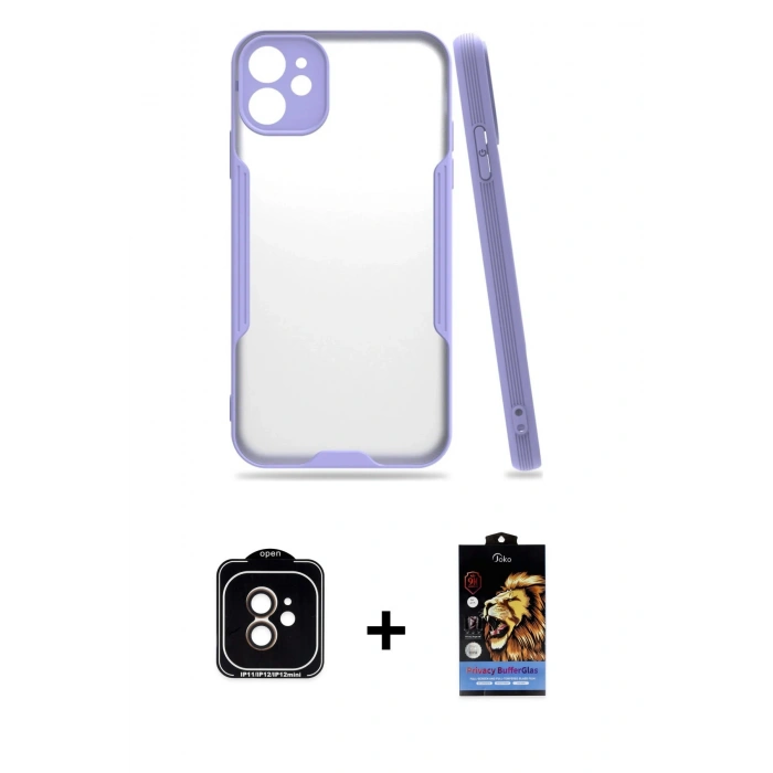 MARSİLYAN™- iPhone 11 Kılıf Atlas Asil Serisi - Siyah Buffer Hayalet Cam Ekran Koruyucu + Turuncu PVD Metal Kamera Lens