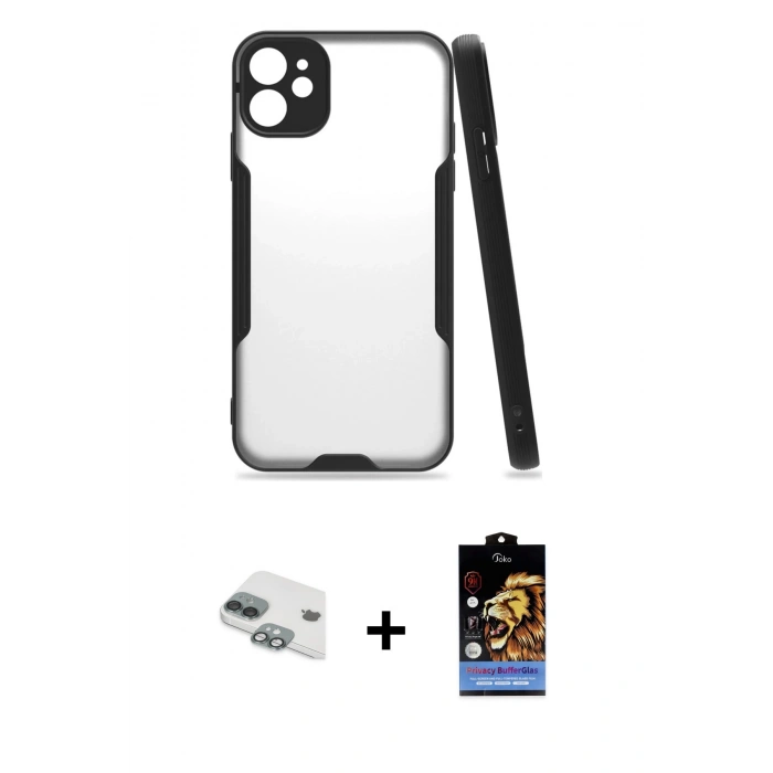 MARSİLYAN™- iPhone 11 Kılıf Atlas Asil Serisi - Siyah Buffer Hayalet Cam Ekran Koruyucu + Pers Alüminyum Kamera Lens - YL