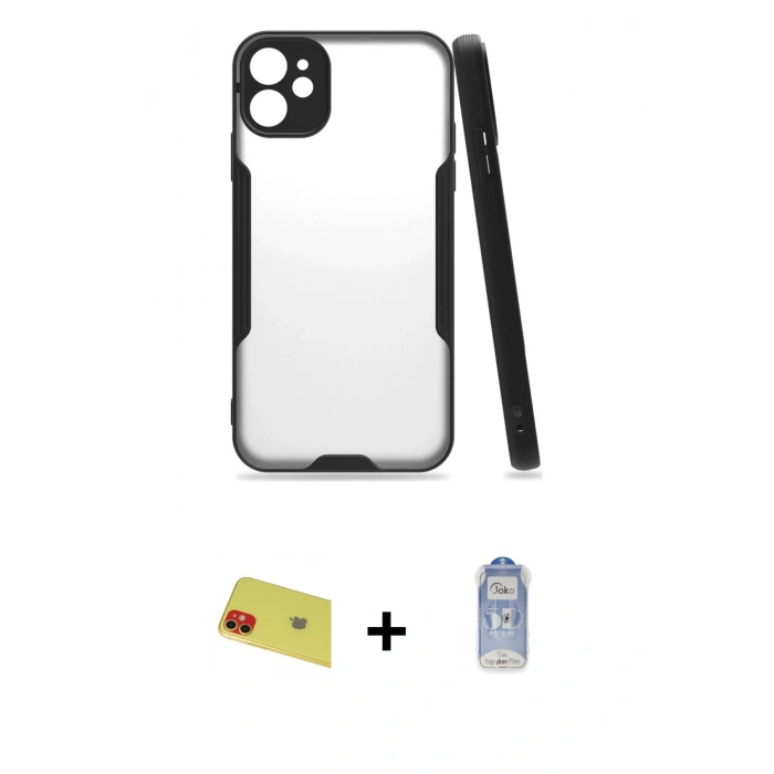 MARSİLYAN™- iPhone 11 Kılıf Atlas Asil Serisi - Siyah Joko Magic 5D Cam + Rainbow Kamera Lens Koruma Cam - KI