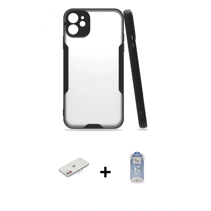 MARSİLYAN™- iPhone 11 Kılıf Atlas Asil Serisi - Siyah Joko Magic 5D Cam + Renkli Kamera Lens Koruma Cam - PE