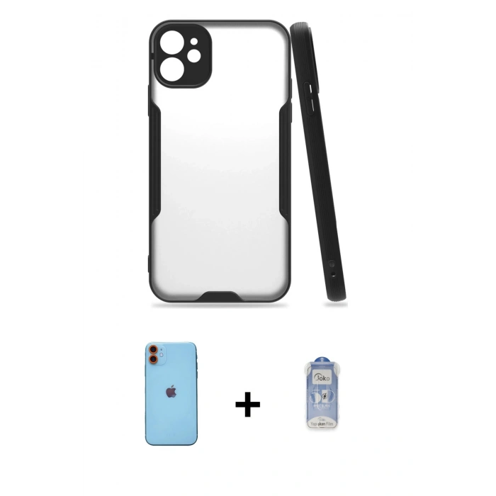 MARSİLYAN™- iPhone 11 Kılıf Atlas Asil Serisi - Siyah Joko Magic 5D Cam + Neon Fosforlu Kamera Lens - TU