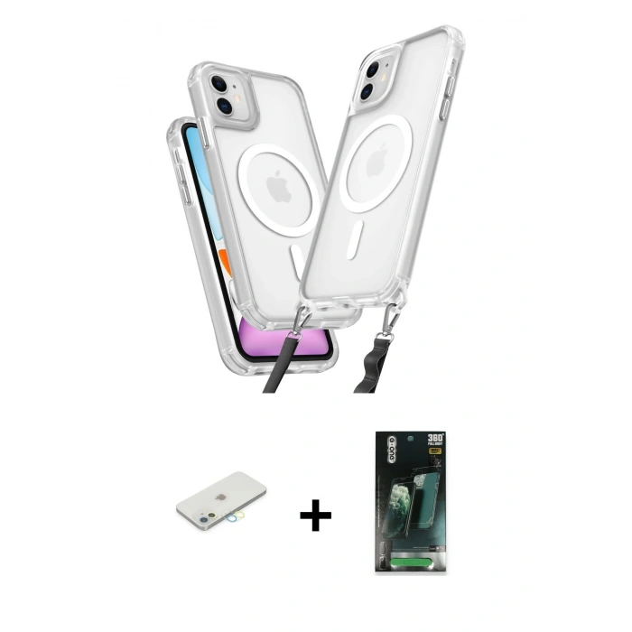 MARSİLYAN™- iPhone 11 Kılıf Atlas Doku Koleksiyonu - Şeffaf 360 Full Body Arka Koruyucu + Renkli Kamera Lens Koruma Cam - SI