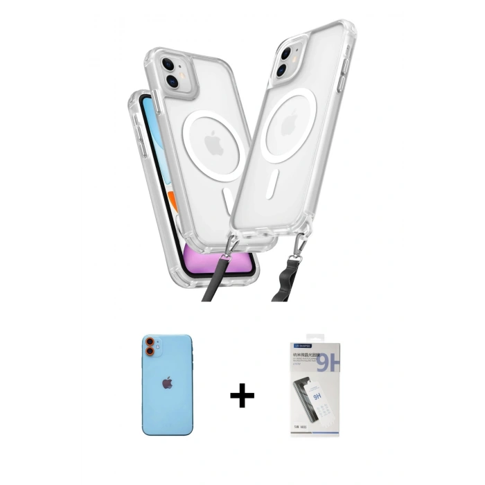 MARSİLYAN™- iPhone 11 Kılıf Atlas Doku Koleksiyonu - Şeffaf Uv Polymer Nano Ekran Koruyucu + Turuncu Neon Fosforlu Kamera Lens