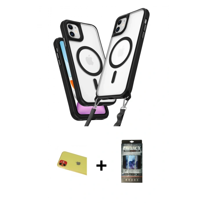 MARSİLYAN™- iPhone 11 Kılıf Atlas Doku Koleksiyonu - Siyah 34D Hayalet Izgaralı Cam + Rainbow Kamera Lens Koruma Cam - KI