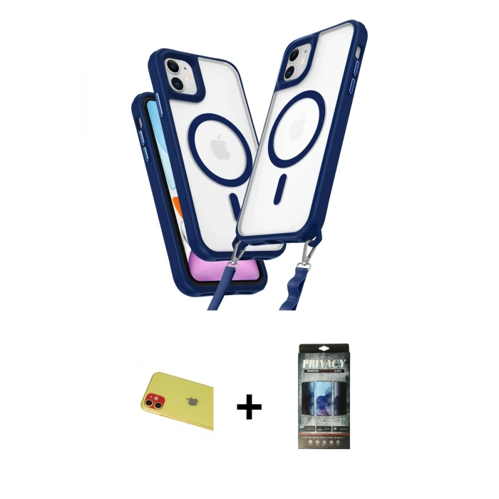 MARSİLYAN™- iPhone 11 Kılıf Atlas Doku Koleksiyonu - Siyah 34D Hayalet Izgaralı Cam + Rainbow Kamera Lens Koruma Cam - KI