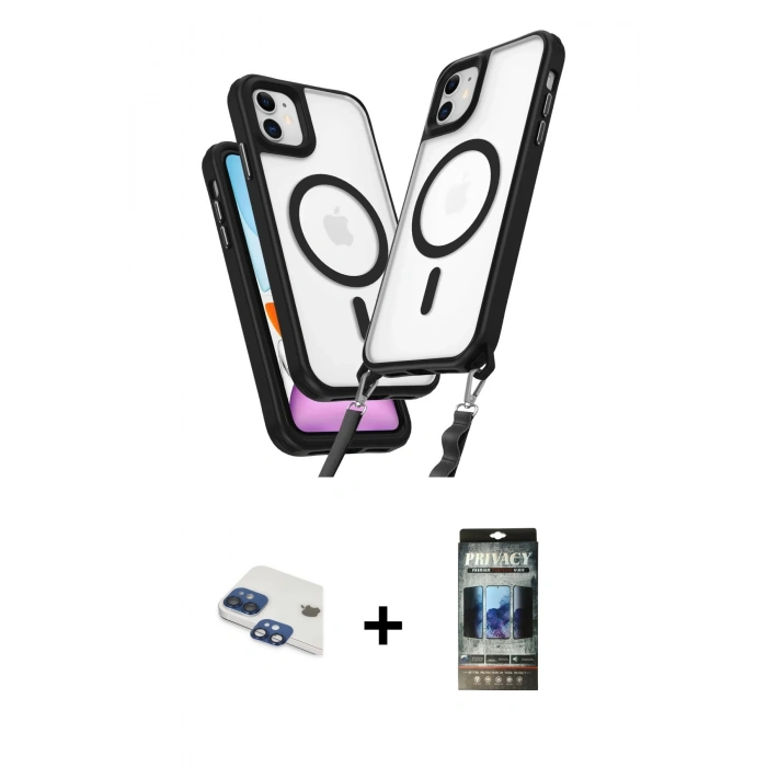 MARSİLYAN™- iPhone 11 Kılıf Atlas Doku Koleksiyonu - Siyah 34D Hayalet Izgaralı Cam + Pers Alüminyum Kamera Lens - LT