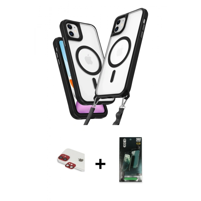 MARSİLYAN™- iPhone 11 Kılıf Atlas Doku Koleksiyonu - Siyah 360 Mat Full Body Arka Koruyucu + Pers Alüminyum Kamera Lens - KI