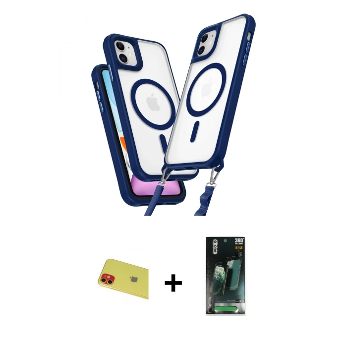 MARSİLYAN™- iPhone 11 Kılıf Atlas Doku Koleksiyonu - Siyah 360 Mat Full Body Arka Koruyucu + Rainbow Kamera Lens Koruma Cam - KI