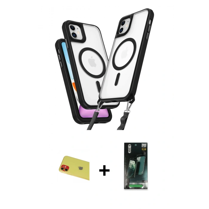 MARSİLYAN™- iPhone 11 Kılıf Atlas Doku Koleksiyonu - Siyah 360 Mat Full Body Arka Koruyucu + Rainbow Kamera Lens Koruma Cam - KI