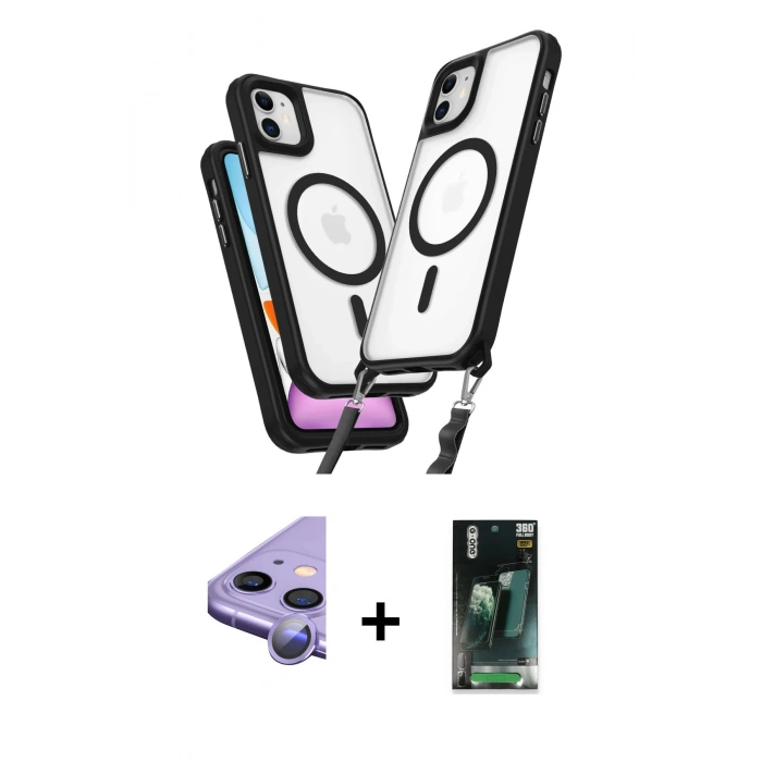 MARSİLYAN™- iPhone 11 Kılıf Atlas Doku Koleksiyonu - Siyah 360 Mat Full Body Arka Koruyucu + Raze Metal Kamera Lens - MR