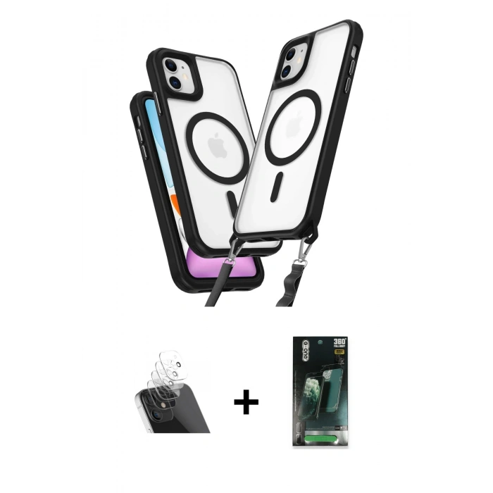 MARSİLYAN™- iPhone 11 Kılıf Atlas Doku Koleksiyonu - Siyah 360 Mat Full Body Arka Koruyucu + Kamera Lens Koruma Cam - SF